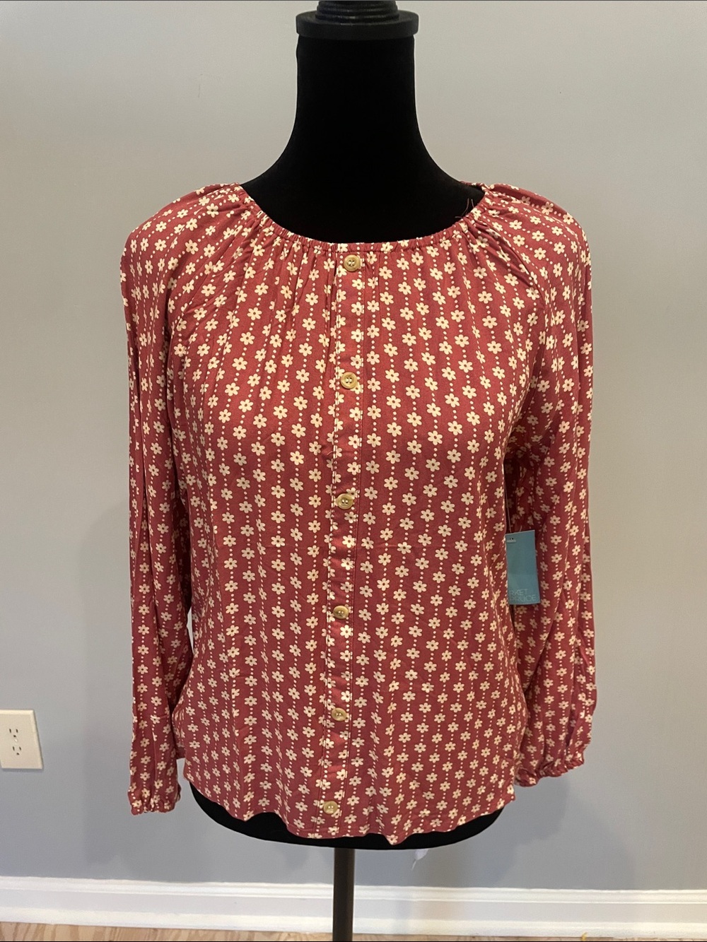 Floral Button-Front Long Sleeve Top - Rust